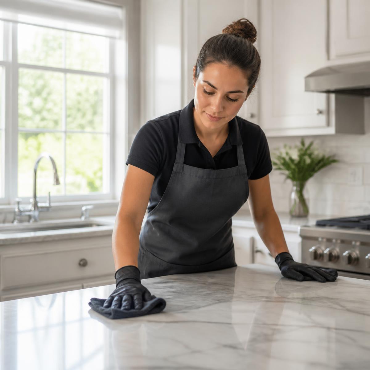 Cleaning professional wiping down a marble kitchen counter