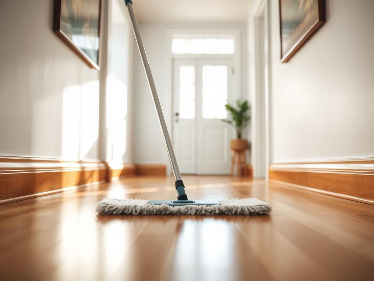 Hardwood hallway floor being mopped to a clean shine