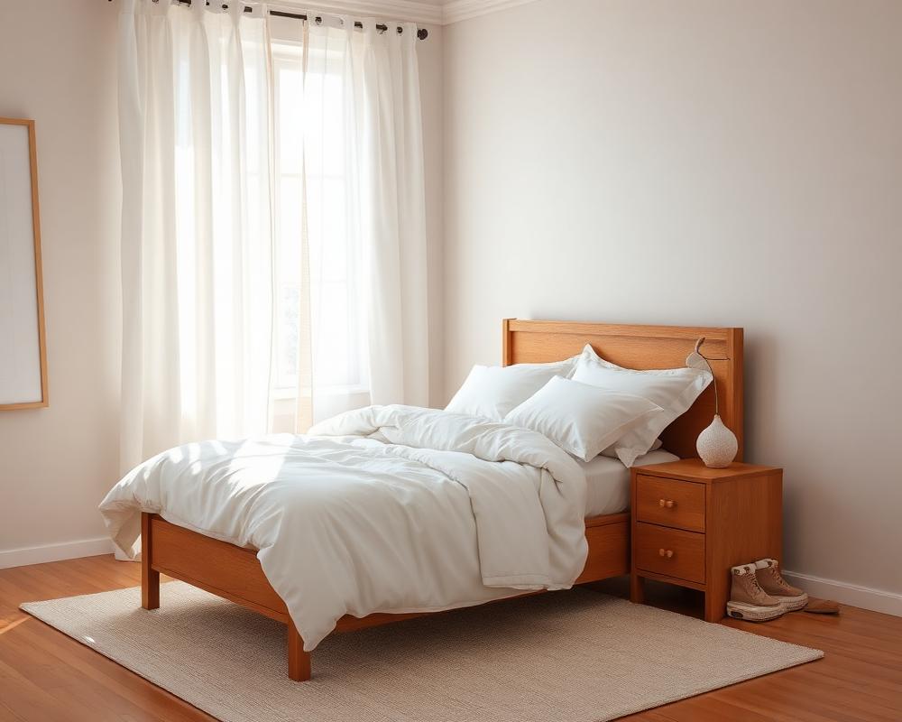 Neatly made bedroom with crisp white linens and dusted surfaces